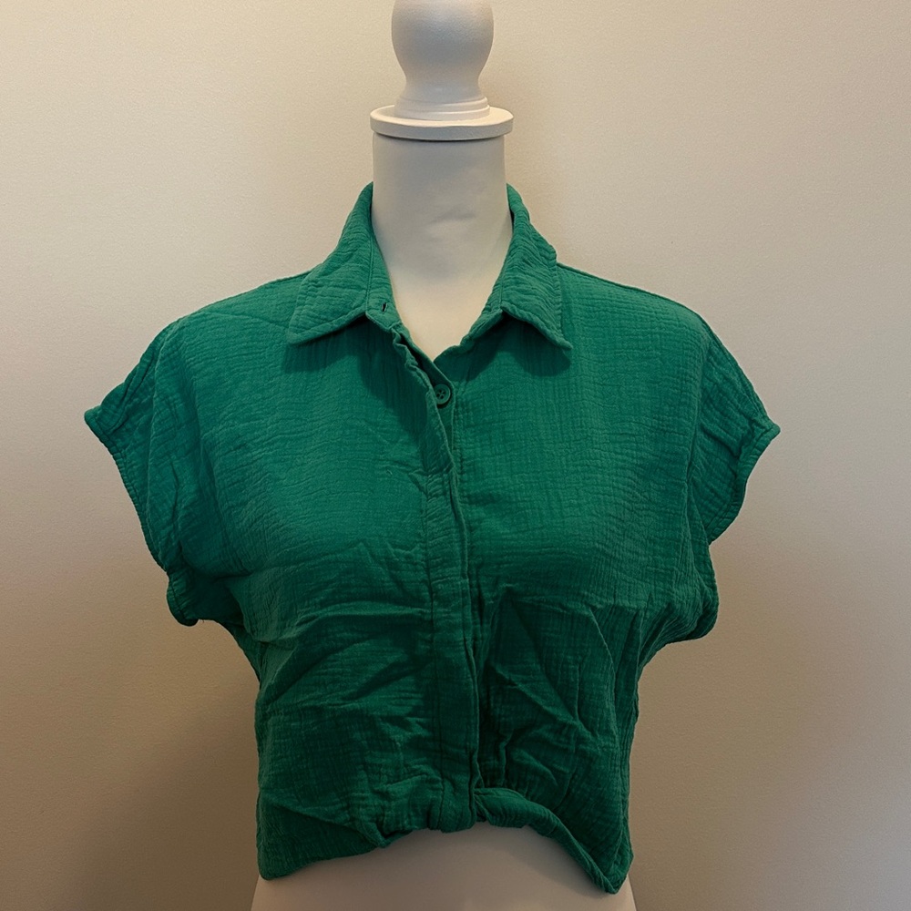 Monrow Gauze Button Down Cropped Shirt